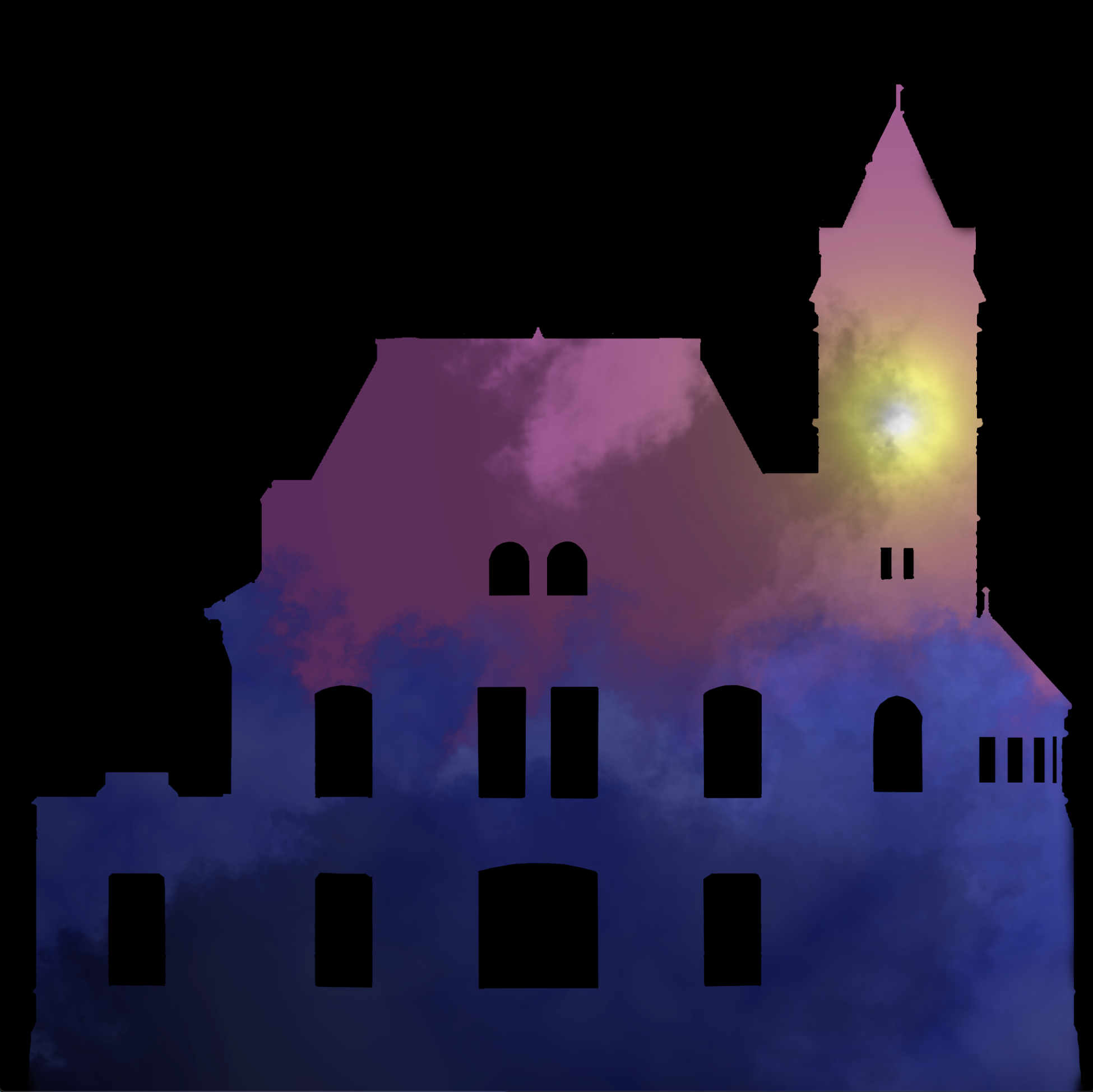 pink anf purple cloudy sky in church style building outline